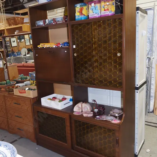 retro wall unit with decorative orange glass doors, drop-front liquor cabinet H1800 W1220 D395
