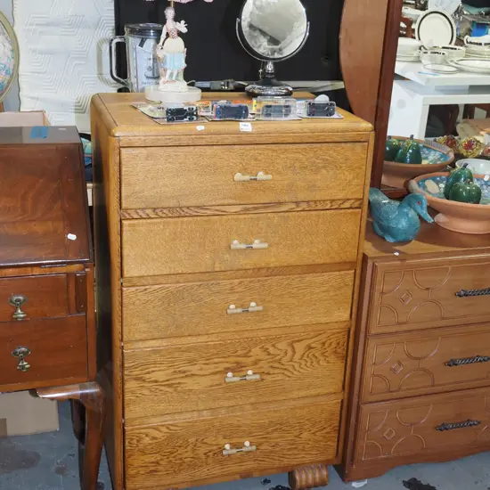 oak 5 drawer tall boy H1000 W600 D405