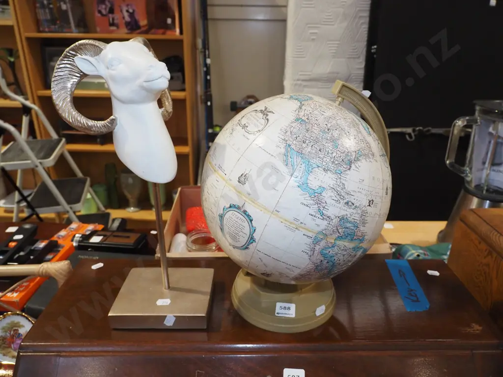plastic based world globe - some fading, rams head sculpture Image 1++