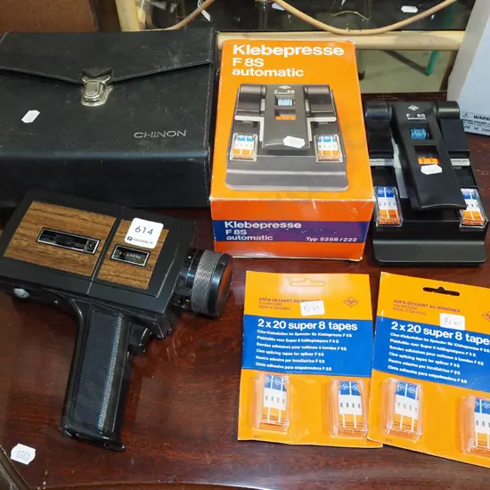 Chinon super 8 film camera with automatic film editor, additional super 8 tapes