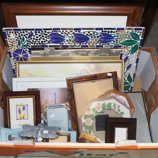 box; photo frames, prints, mirror etc