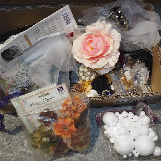 box; craft supplies, polystyrene balls, beads, threads etc
