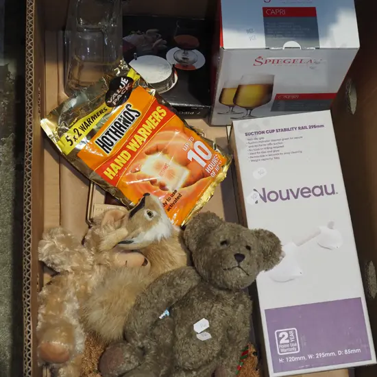 box; teddy bear, hand warmers, suction cup stability rail etc
