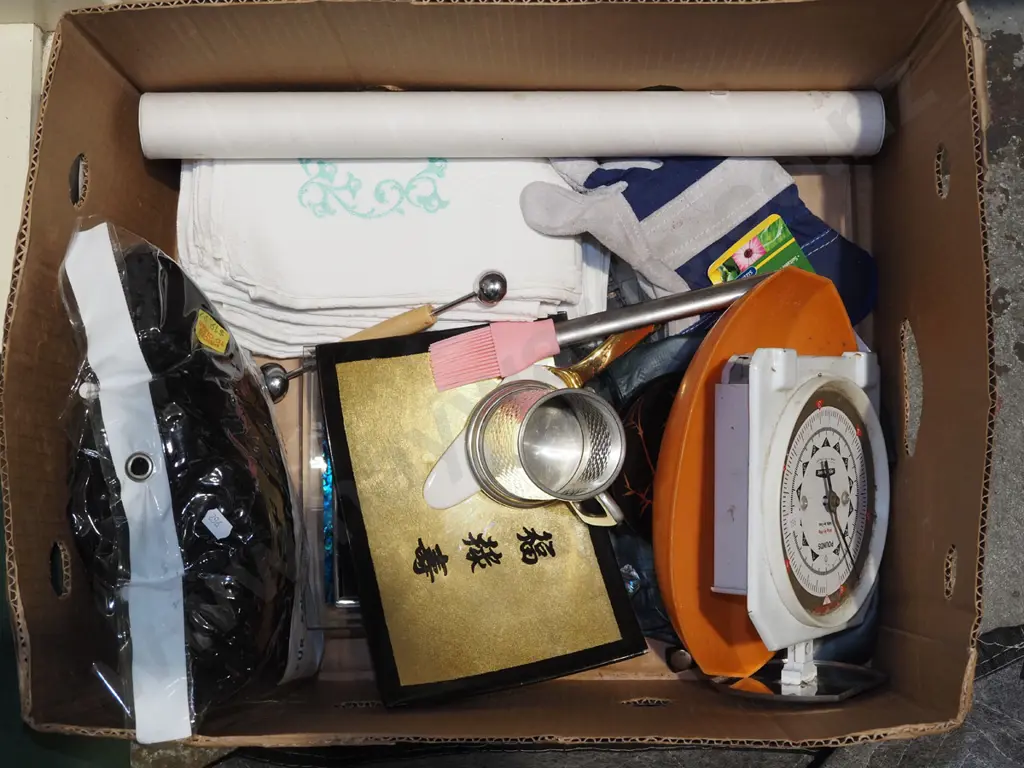 box; hand worked linen, scales, bowls etc Image 1++