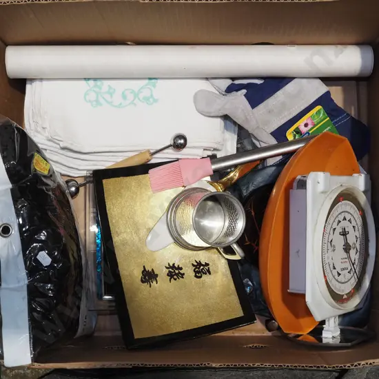 box; hand worked linen, scales, bowls etc