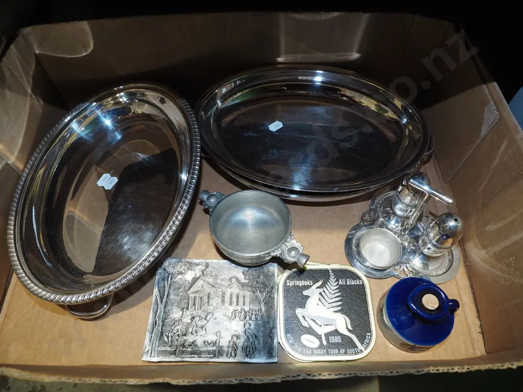 box; plated ware, pewter Scottish cup, All Blacks coasters etc Image 1++