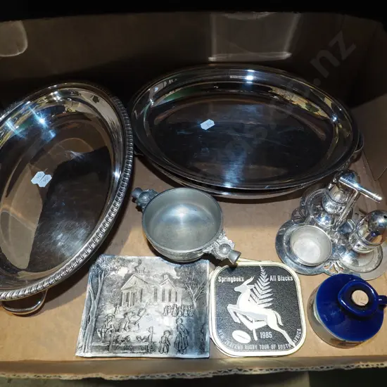 box; plated ware, pewter Scottish cup, All Blacks coasters etc