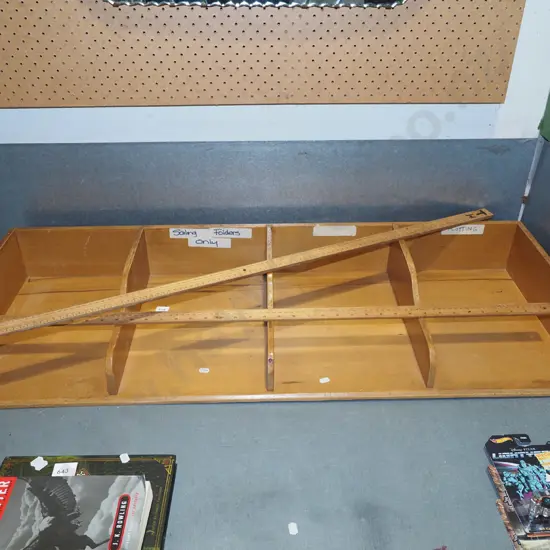 wooden stationery organiser, 2x vintage advertising rules
