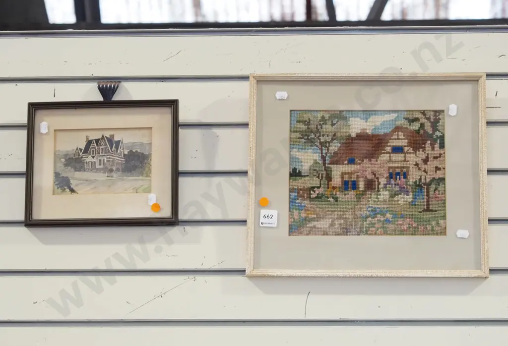 framed Yvonne Benson hand coloured print, framed needlework - orange dots Image 1++