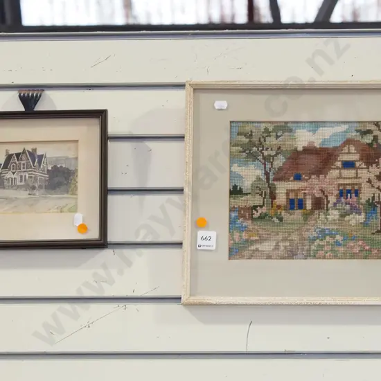 framed Yvonne Benson hand coloured print, framed needlework - orange dots