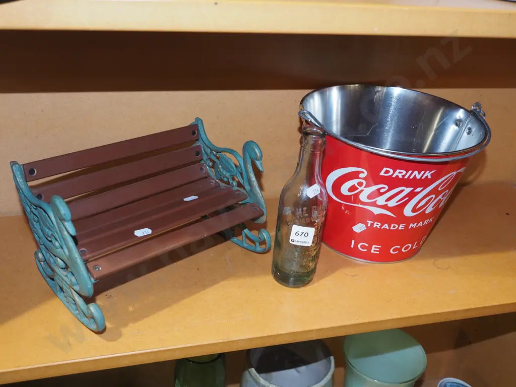 vintage Phoenix soda bottle, Coca Cola bucket, dolls garden bench seat Image 1++