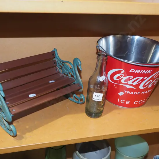 vintage Phoenix soda bottle, Coca Cola bucket, dolls garden bench seat