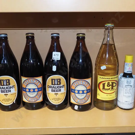 retro - 4x beer bottles, L&P bottles, bitters bottle - all full
