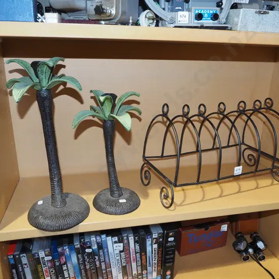 wrought metal plate rack, 2x plam tree themed candlesticks Tallest H370