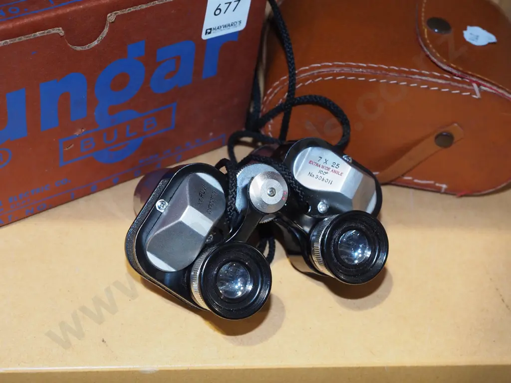 boxed GE Tungar lightbulb and a pair of compact 7x20 binoculars with leather case Image 1++