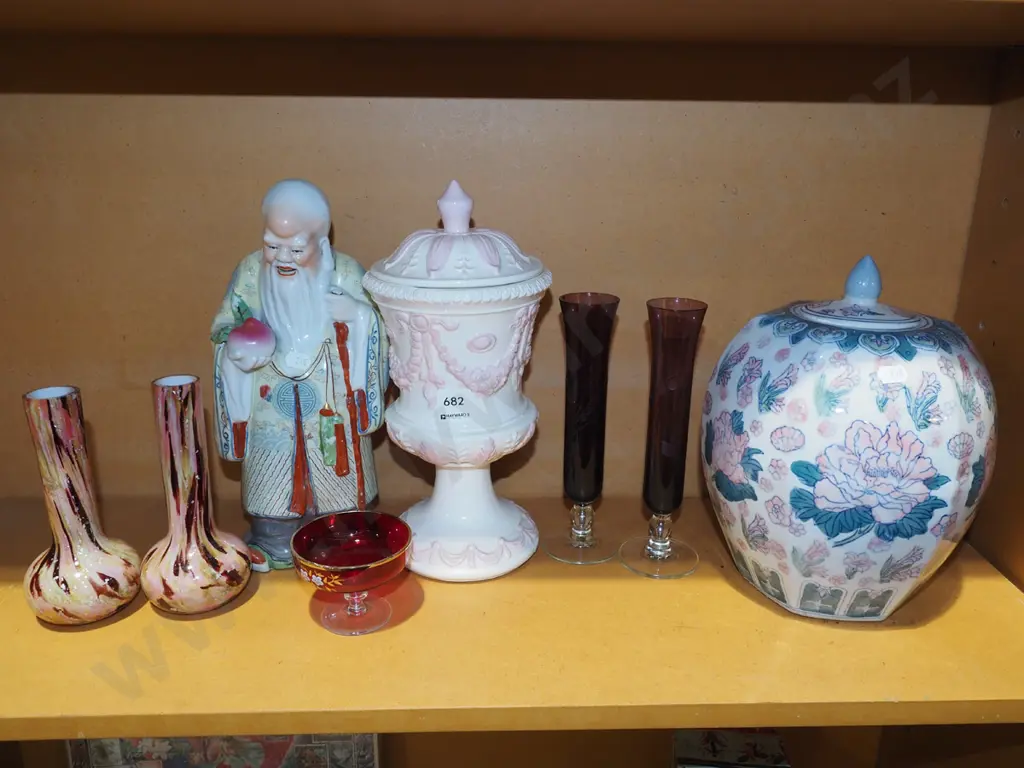 shelf; lidded canisters, vases, good fortune figurine H300 Image 1++