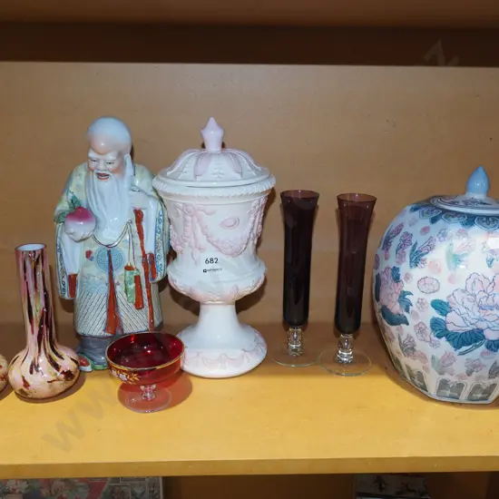shelf; lidded canisters, vases, good fortune figurine H300