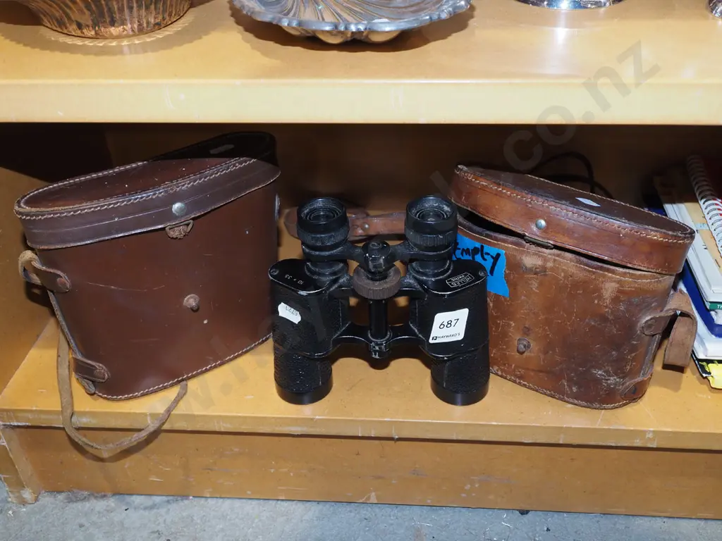 pair of restorer's 10x35 field binoculars - focus ring loose - and 2 leather cases Image 1++