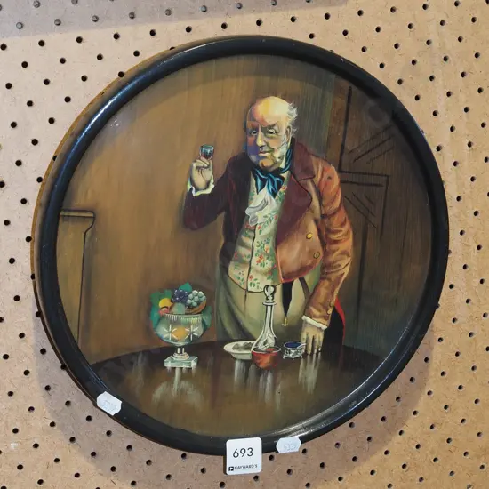framed oil on board - man in waistcoast making toast