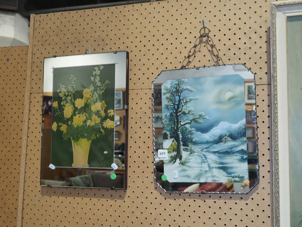 2x mirror framed prints - flowers, village snow - green dots Image 1++