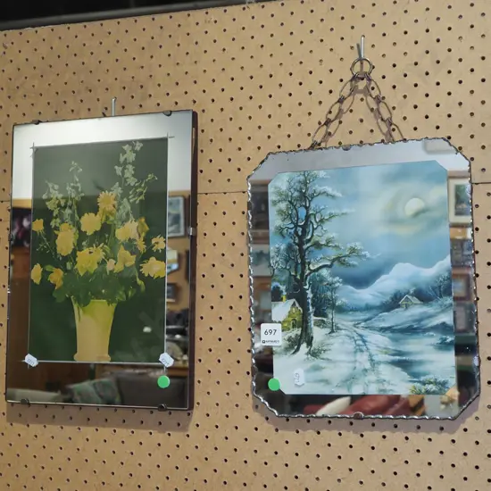 2x mirror framed prints - flowers, village snow - green dots