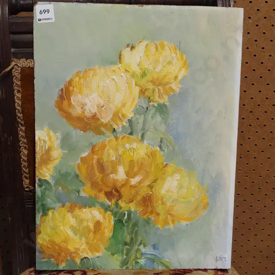 unframed oil on board - dahlias