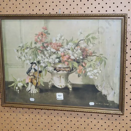 framed Vernon Ward print - flowers and figurine