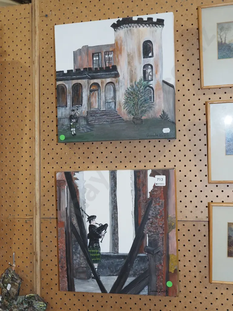 2x oil on canvas - bagpiper, Cargills Castle - green dots H980 Image 1++