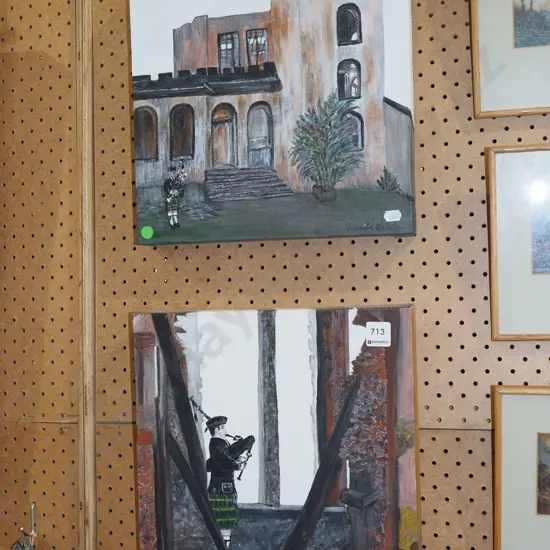 2x oil on canvas - bagpiper, Cargills Castle - green dots H980