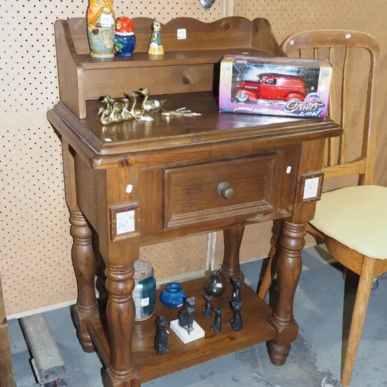 solid pine 2 tier table with loose shelf on top, tile inlays W630 D390