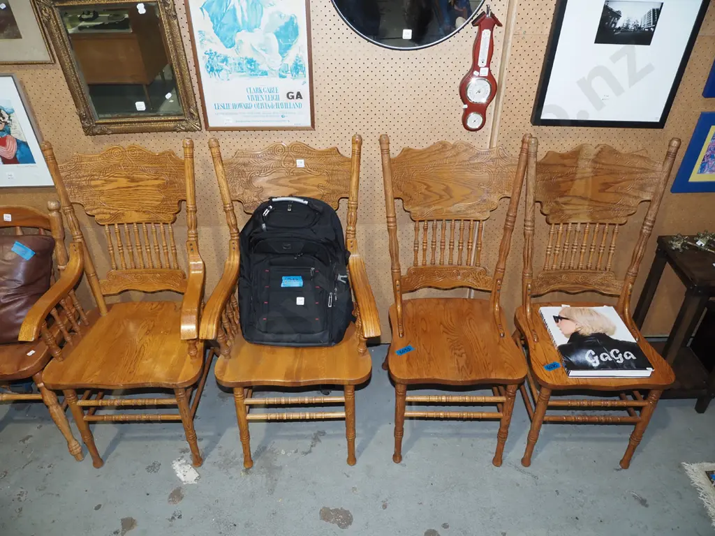 4x pressed oak and spindle back dining chairs Image 1++