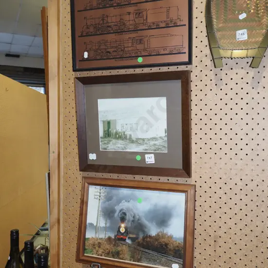 2x train prints, 1x photgraphic prints - green dots