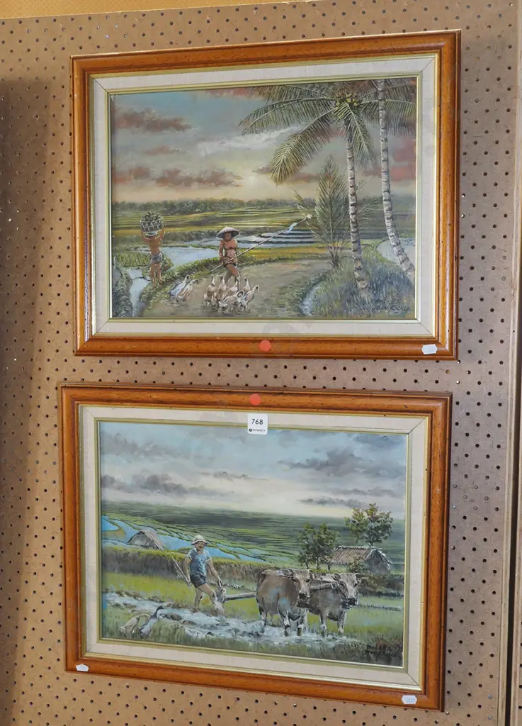 2x framed oil on canvas - Asian agricultural scenes Image 1++