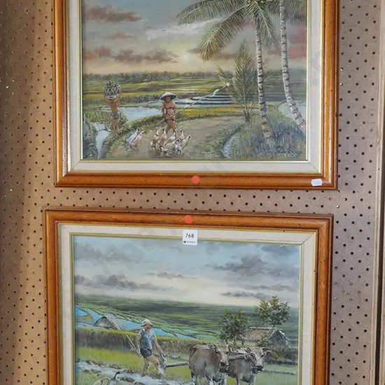 2x framed oil on canvas - Asian agricultural scenes