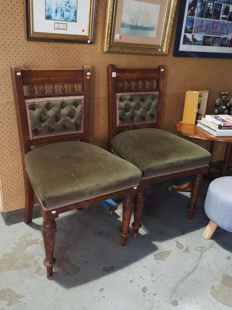 2x Edwardian green deep buttoned upholstered chairs Image 1++