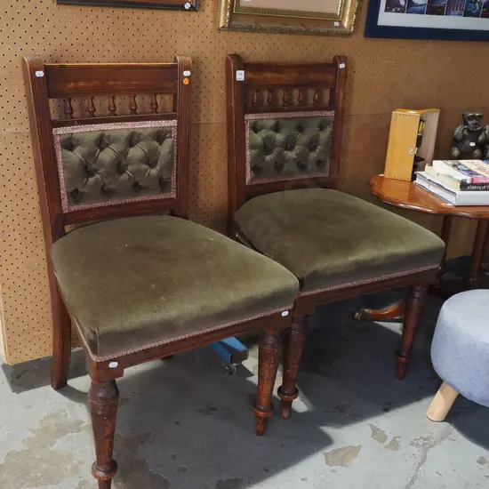 2x Edwardian green deep buttoned upholstered chairs