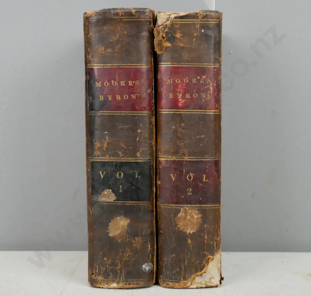 Life & Journals of Lord Byron by Thomas Moore, Hamburg 1831. Volumes 1 & 2. Loss & damage to covers. Endpapers Image 1++