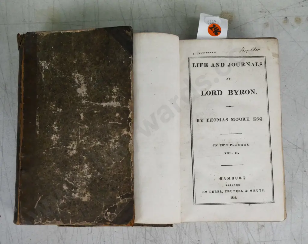 Life & Journals of Lord Byron by Thomas Moore, Hamburg 1831. Volumes 1 & 2. Loss & damage to covers. Endpapers Image 1++