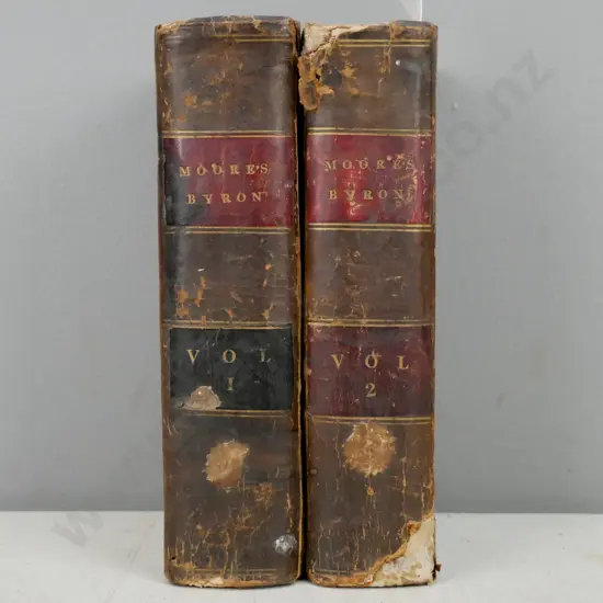 Life & Journals of Lord Byron by Thomas Moore, Hamburg 1831. Volumes 1 & 2. Loss & damage to covers. Endpapers