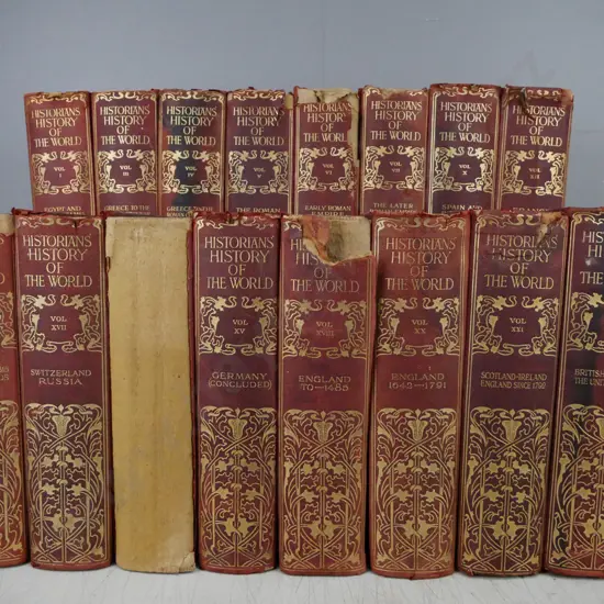 Historians History of the World Vols 1, 3-7, 10, 12, 13, 15, 17-22, Art Nouveau leather & cloth binding,
