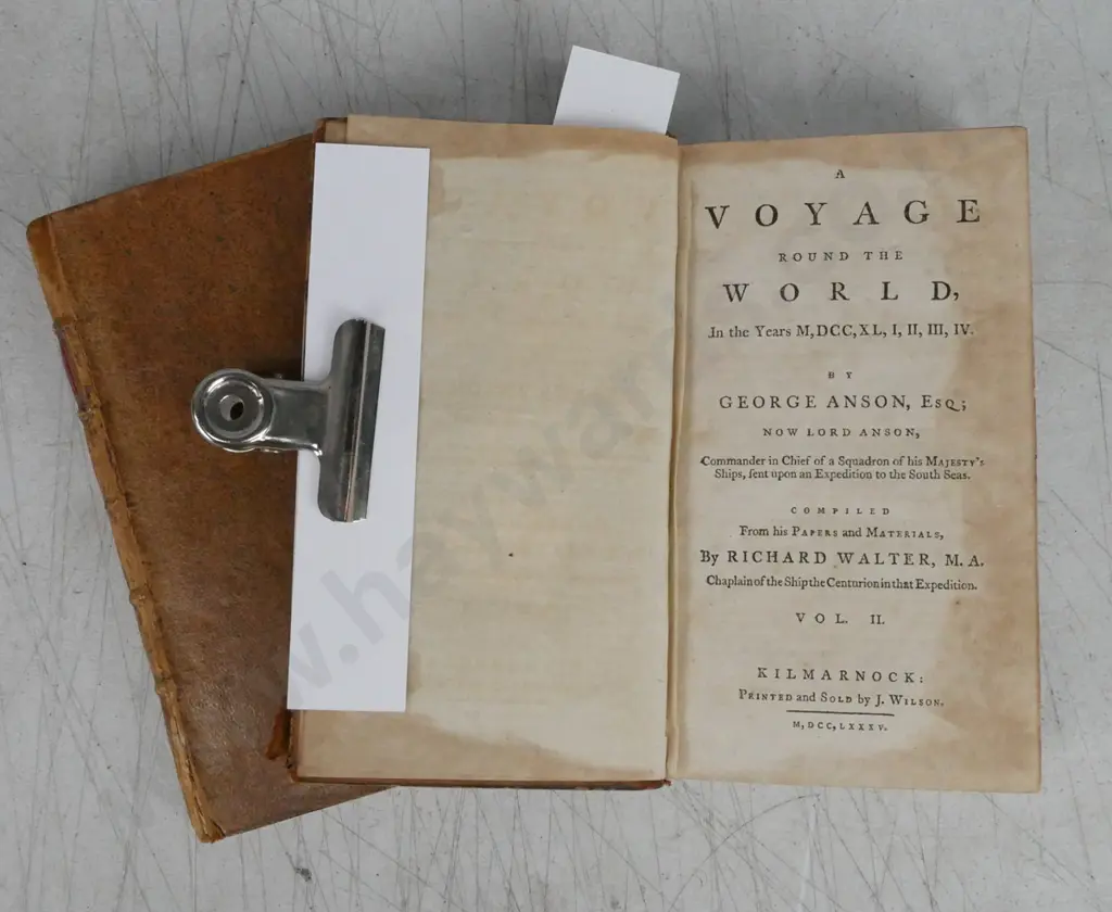 A Voyage Round The World Vol 1&2 by George Anson, Kilmarnock 1785. Some waterstaining and cover wear. Image 1++