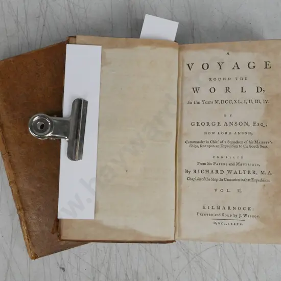 A Voyage Round The World Vol 1&2 by George Anson, Kilmarnock 1785. Some waterstaining and cover wear.