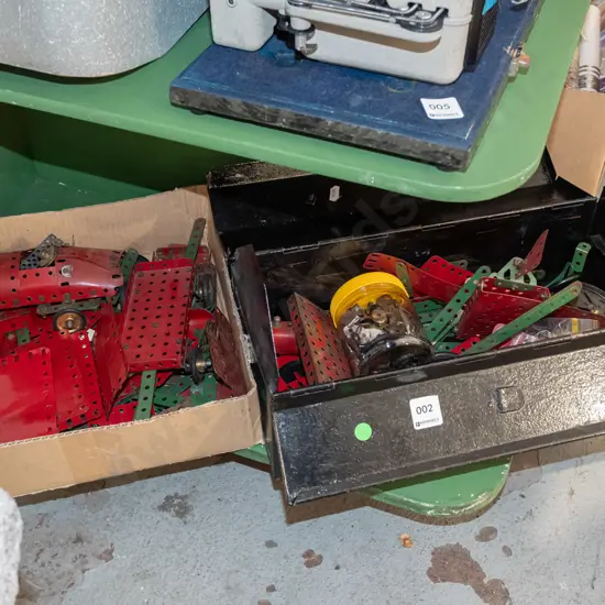 black painted tool box; vintage Meccano and additional box - green dots