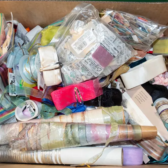box; various ribbons etc