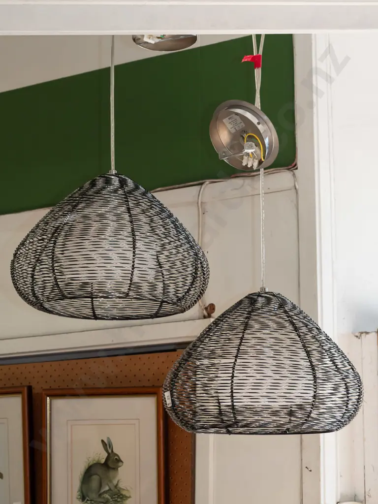 pair of milk glass and wire pendant light fittings Image 1++