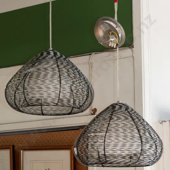 pair of milk glass and wire pendant light fittings