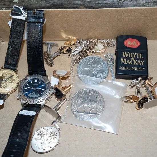 box; watches, cuff links, coins etc