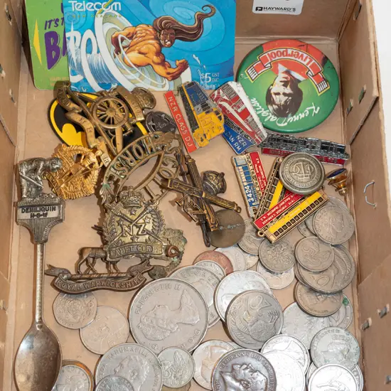 box; coins, badges, Telecom cards