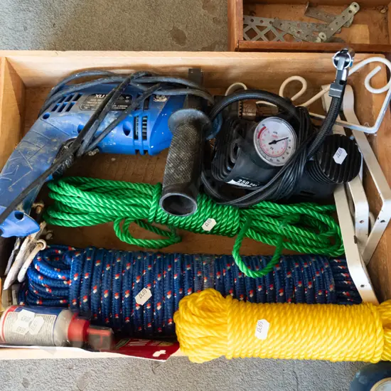 wooden rope handled box and contents; electric drill, 12V air pump, rope etc