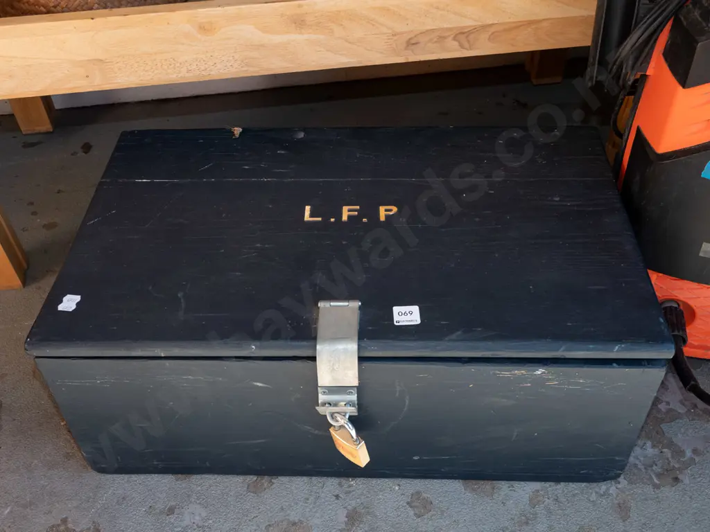 wooden box with initials L.F.P - no lock for padlock  Image 1++